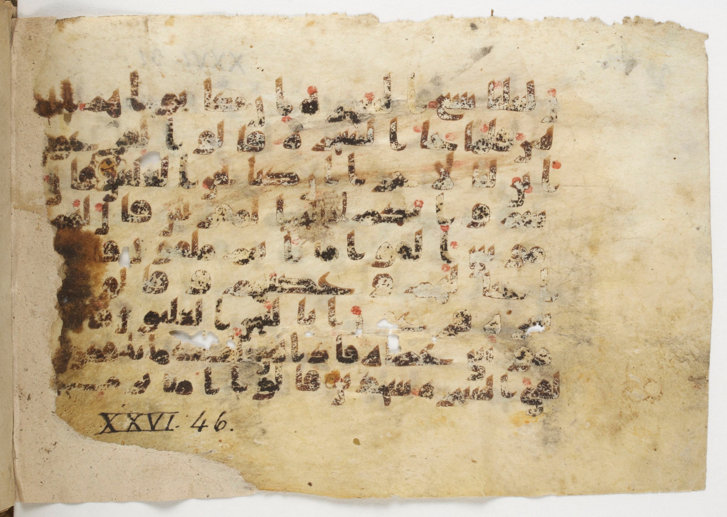 Paris, Bibliothèque nationale de France, Arabe 338 (b) (Scan 2), in Kūfī B.II script, showing Surah 26:39 from Mid-8th to Late 10th Century AD found in Fustat (Old Cairo), Egypt, currently housed at Bibliothèque nationale de France, Paris